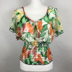 Blouse Medium Multi-Color Floral Short Sleeve